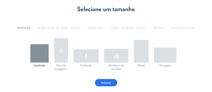 Tela de seleção do tamanho da imagem