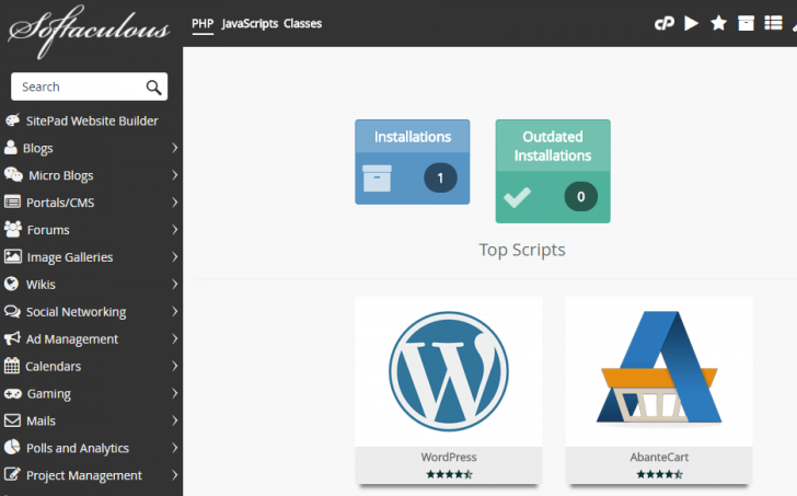 Página inicial do Softaculous