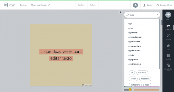 Pesquise por “logo” para ver os modelos disponíveis
