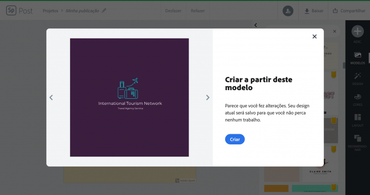 Tela de seleção de modelo de logotipo no Adobe Spark 