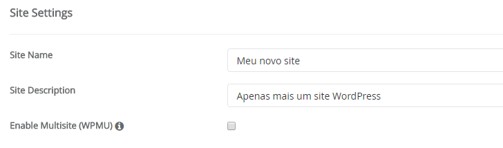 Configurações do site no Softaculous