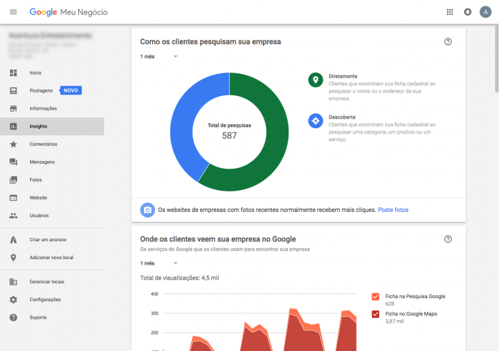 Exemplo de resultados do recurso Insights