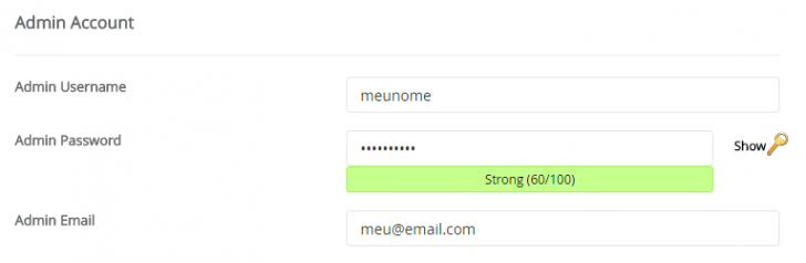 Informações do administrador do site WordPress no Softaculous