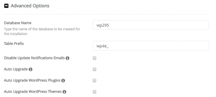 Opções avançadas da instalação do WordPress via Softaculous