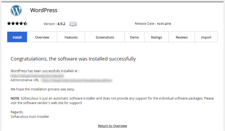 Instalação concluída no Softaculous