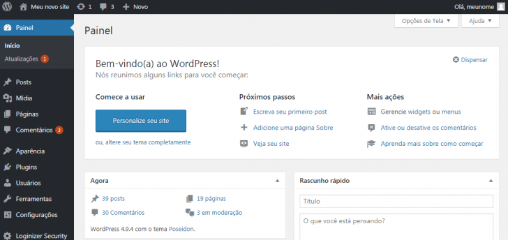 Página inicial do painel do WordPress
