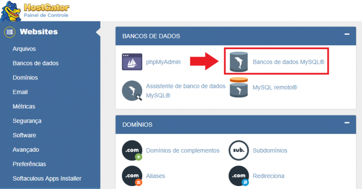 Link para a seção banco de dados no cPanel