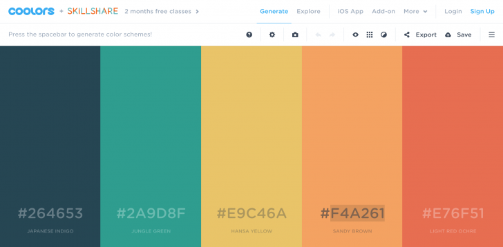 Sugestão de paleta de cores da Coolors