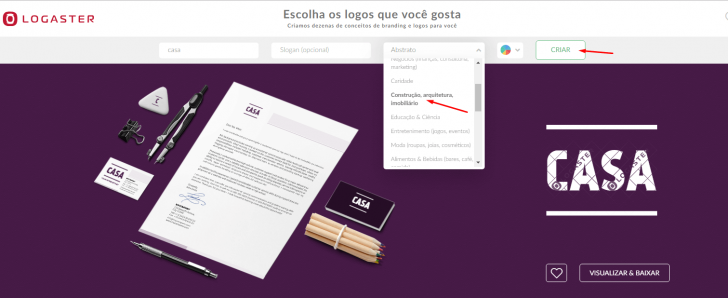 Passo para escolha do ramo de atividade no site da Logaster