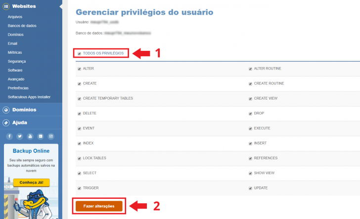 Definição de privilégios do usuário no banco de dados