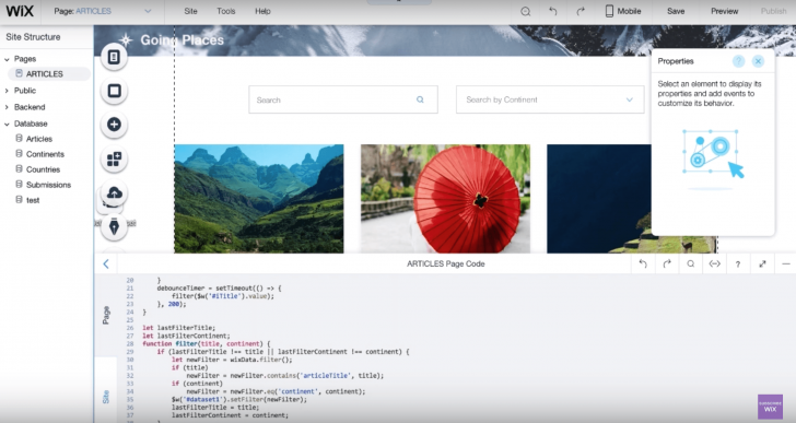 Exemplo de edição de código no Wix Code