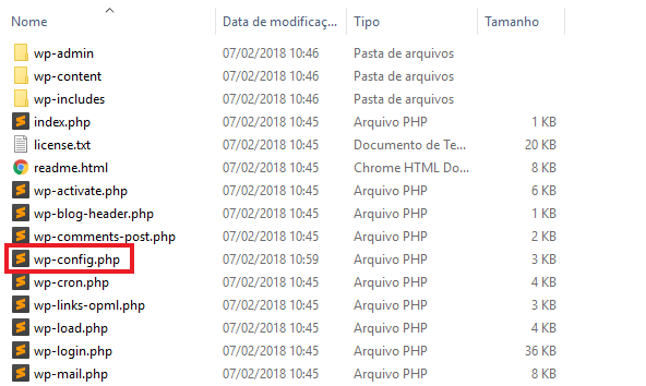 Lista de arquivos após a criação do arquivo wp-config.php