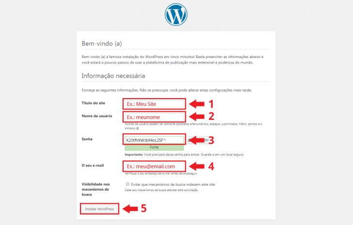 Tela de instalação do WordPress no navegador