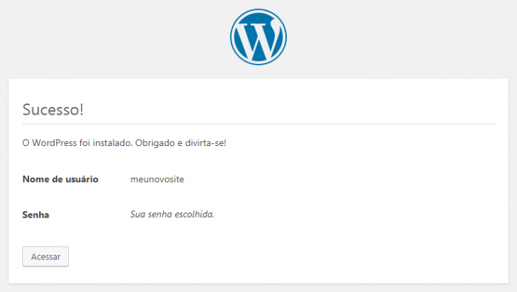 Tela de confirmação da instalação do WordPress