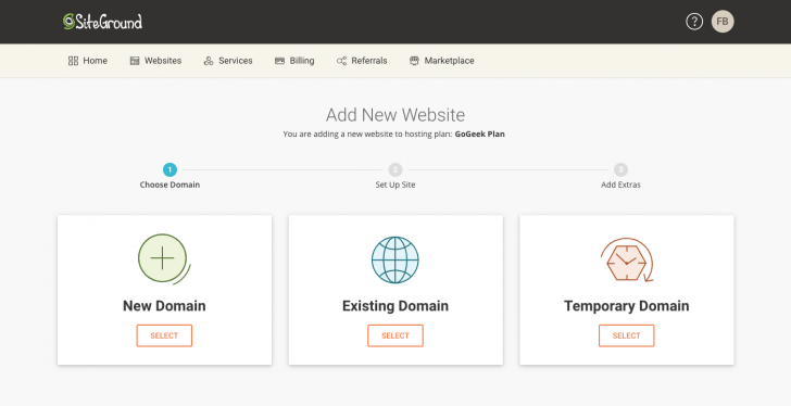 O painel indica os passos para criar um novo website