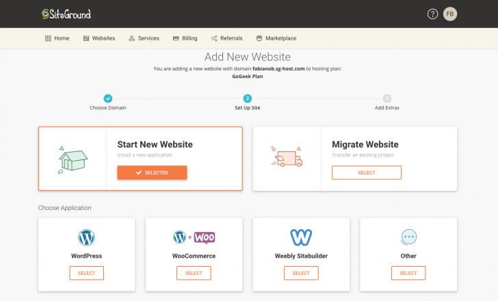 Tela de setup de um novo site no painel da SiteGround