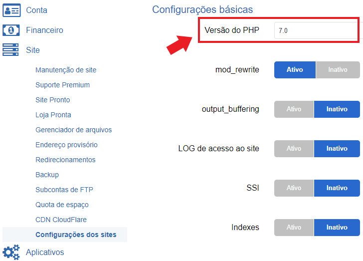 Alteração da versão do PHP no painel da Hostnet