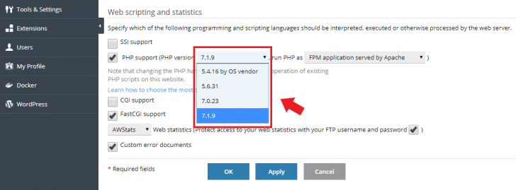Alteração da versão do PHP no painel Plesk