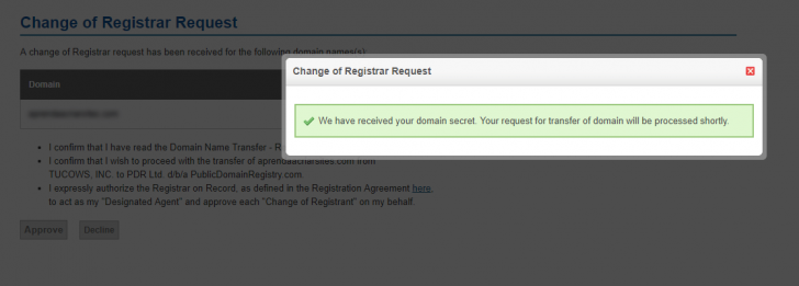 Tela de autorização de transferência de domínio