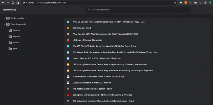A seção de bookmarks do Chrome exibe o ícone ao lado do título da página