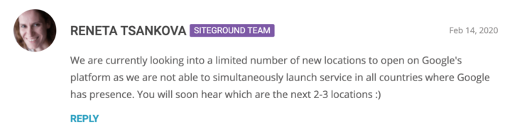 Comentário sobre o lançamento de novas regiões na Google Cloud - fonte: blog SiteGround