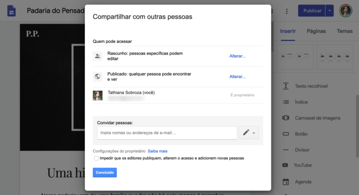 Compartilhamento do site permite torná-lo visível a todos ou apenas a convidados