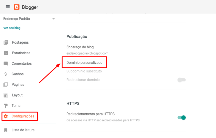 Tela de configuração de domínio no painel do Blogger