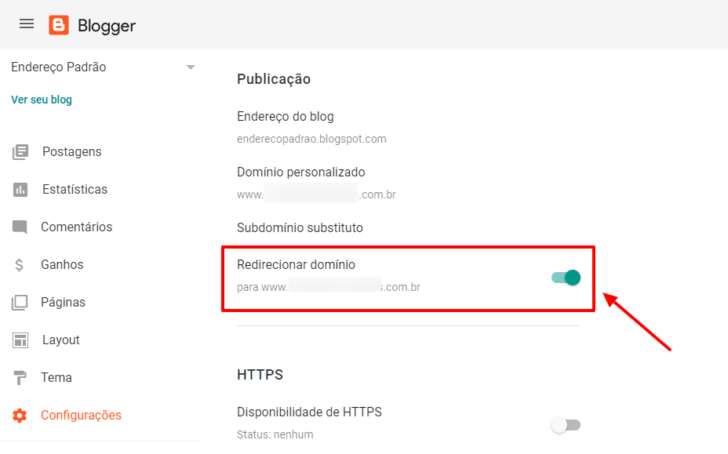 Tela de configuração de publicação do Blogger, com a opção de redirecionar o domínio em destaque.