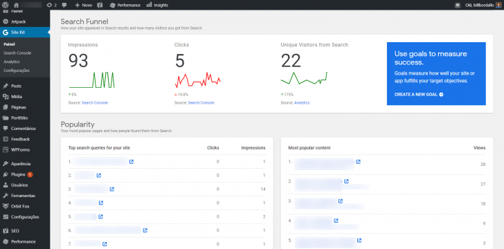 Painel do Site Kit após a ativação dos serviços