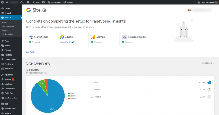 Tela inicial do Site Kit com o Google Analytics configurado