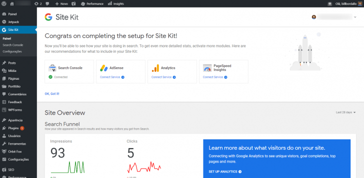 Painel do plugin Site Kit com o Search Console já configurado