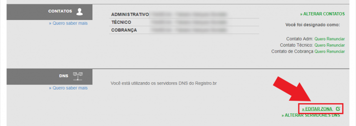 Tela de edição de zona de DNS no Registro.br