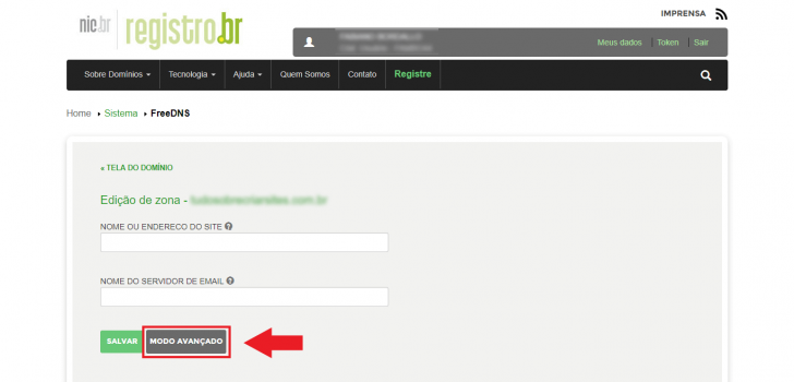 Tela de alteração para o modo avançado do Registro.br