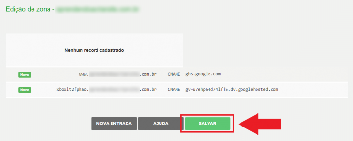 Salve as alterações após a inserção das entradas CNAME