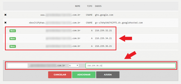 Exemplo de inserção das entradas do tipo A no sistema de DNS do Registro.br