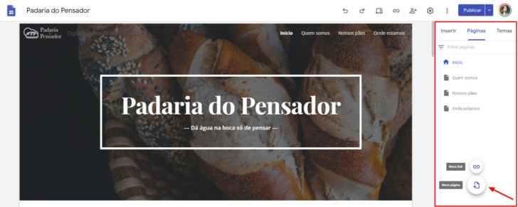 A seção “Páginas” é onde se cria uma nova página no Google Sites