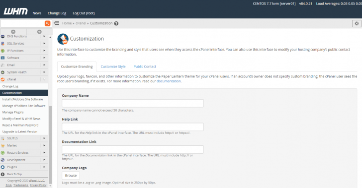 Área para customização das contas cPanel