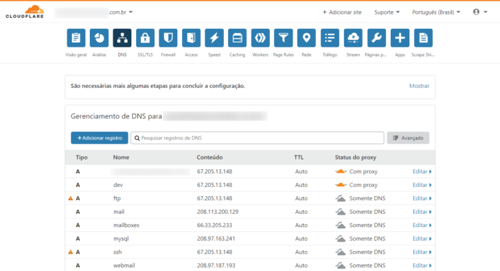 Tela de gerenciamento de DNS no painel de controle
