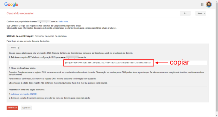 Código fornecido para verificação do domínio junto à empresa de registro