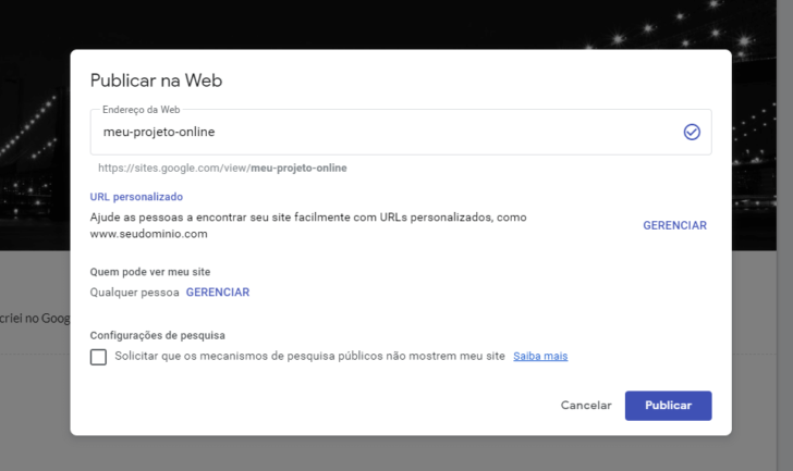 Opções de publicação do Google Sites
