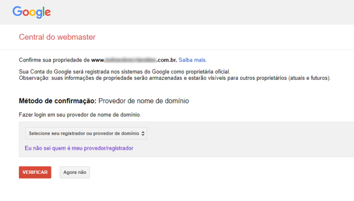 Primeiro passo para verificação do domínio na central do webmaster