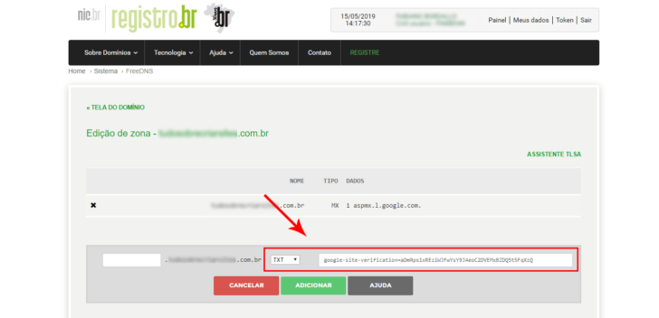 Inserindo uma entrada TXT no Registro.br