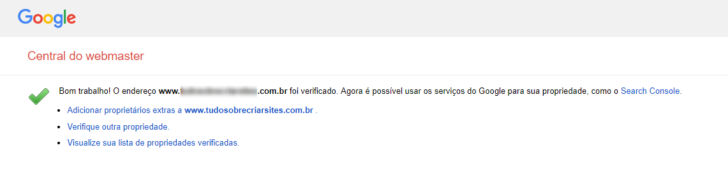 Verificação bem sucedida na central do webmaster
