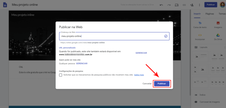 Publicação do site já com o endereço personalizado