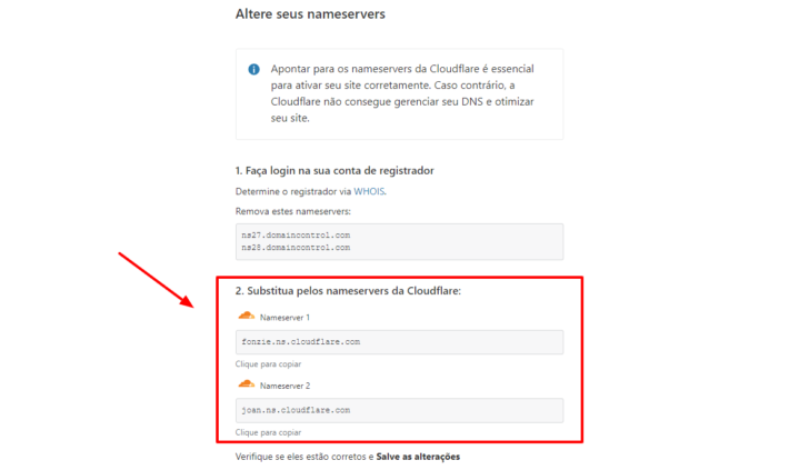 Tela com os nameservers da CloudFlare, para onde o seu domínio deve ser apontado