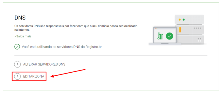 Link para edição da zona de DNS no painel do Registro.br