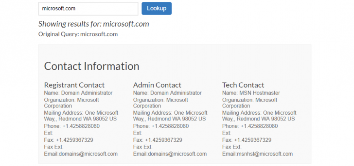 Exemplo de consulta Whois no site da ICANN