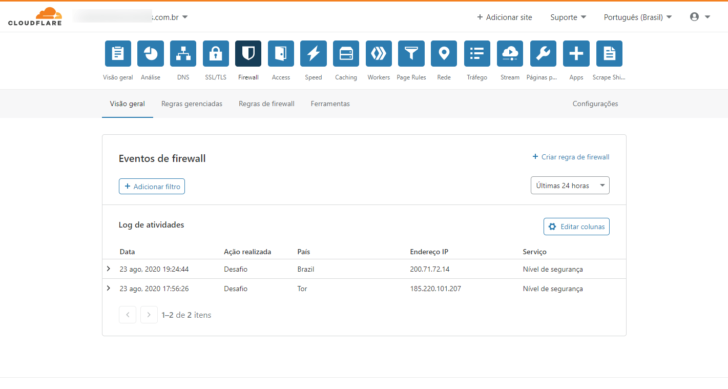 A aba Firewall permite visualizar ameaças e gerenciar aspectos de segurança