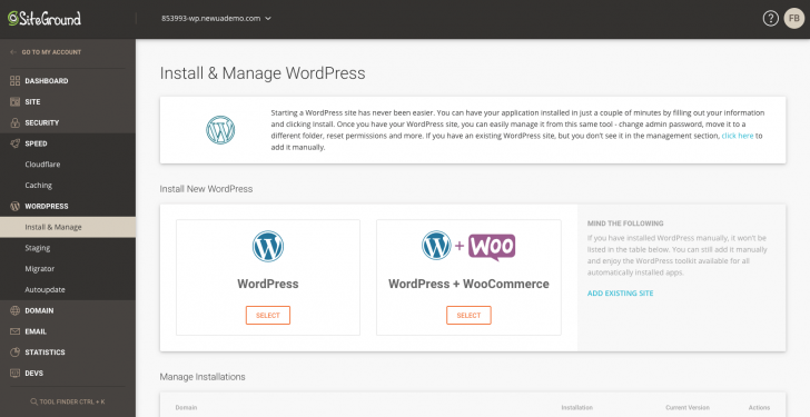 Área de gerenciamento de instalações WordPress