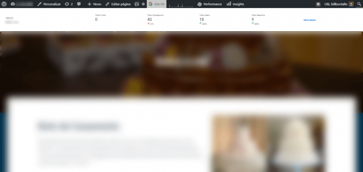 O Site Kit fica integrado à barra de administração do WordPress, podendo exibir informações sobre a página em questão
